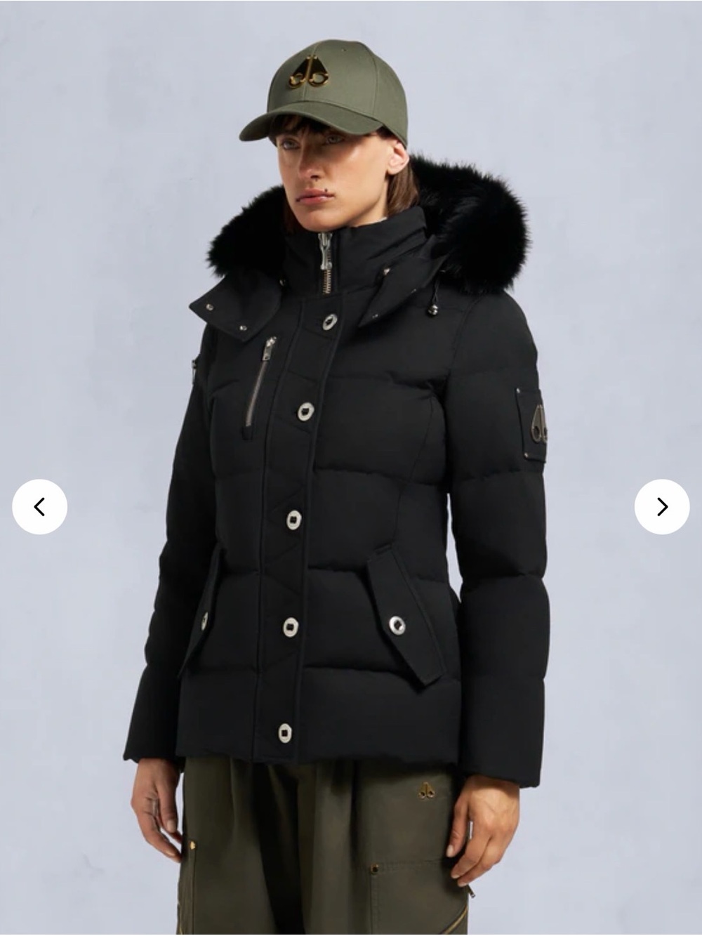 Moose Knuckles Black Quilted Hooded Puffer with Fur Trim